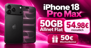 iPhone 18 Pro Max für einmalig 299€ mit 50GB Allnet Flat & 50€ Wechselbonus nur 54.98€ monatlich