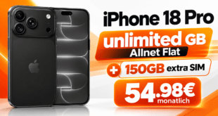 iPhone 18 Pro für einmalig 299€ mit o2 unlimited Allnet Flat (+150GB extra SIM) für 54.98€ monatlich