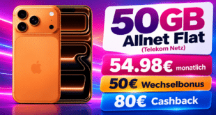 iPhone 17 Pro Max für einmalig 159€ mit 50GB Allnet Flat & 50€ Wechselbonus und 80€ Cashback für nur 54.98€ monatlich