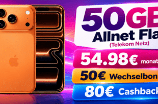 iPhone 17 Pro Max für einmalig 79€ mit 50GB Allnet Flat & 50€ Wechselbonus und 80€ Cashback für nur 54.98€ monatlich