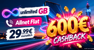 o2 unlimited GB Allnet Flat mit 600€ Cashback für 29.99€ monatlich
