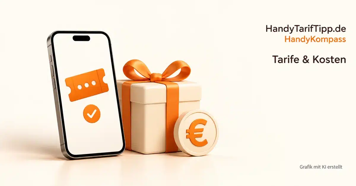 Smartphone mit Prämiencode, Geschenk und Euro-Münze: Wunschprämie zum MediaMarkt-Handyvertrag einlösen.