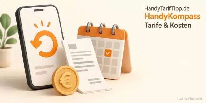 Smartphone mit Erstattungssymbol, Kalender und Rechnung: otelo-Anschlussgebühr rechtzeitig per App zurückholen.
