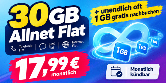 Monatlich kündbar im Vodafone Netz - 30GB Allnet Flat + unendlich oft 1 GB gratis nachbuchen nur 17.99€ monatlich