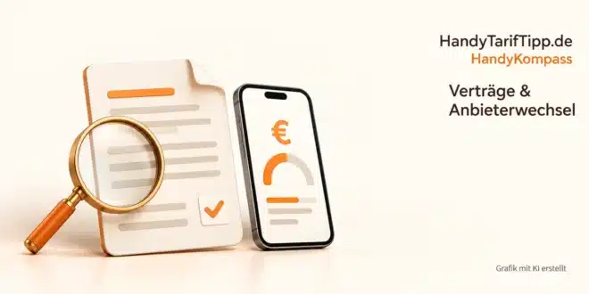 Smartphone und Tarifdokument mit Lupe: Produktinformationsblatt und Vertragsbedingungen prüfen.
