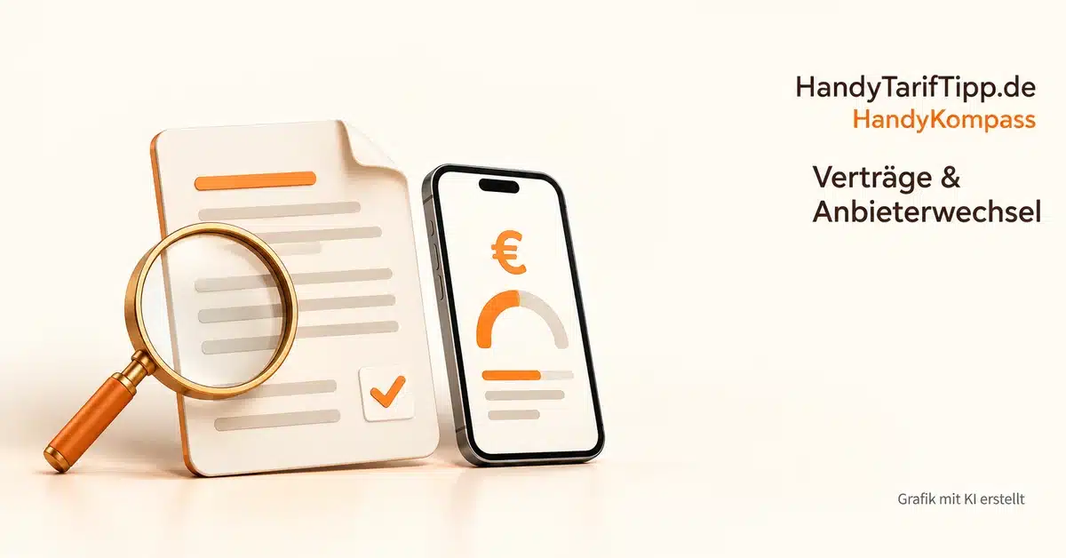Smartphone und Tarifdokument mit Lupe: Produktinformationsblatt und Vertragsbedingungen prüfen.