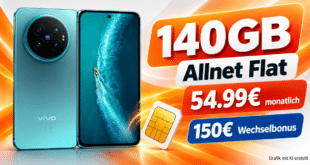 vivo X Fold6 mit Vertrag - einmalig 1059€ mit 140GB Allnet Flat & 150€ Wechselbonus für 54.99€ monatlich