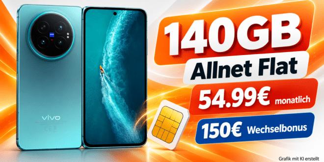 vivo X Fold6 mit Vertrag - einmalig 1059€ mit 140GB Allnet Flat & 150€ Wechselbonus für 54.99€ monatlich